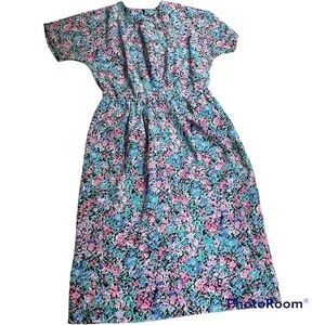 Luci Pellini Vintage Floral Dress Medium Pink Blue Short Sleeve Midi
